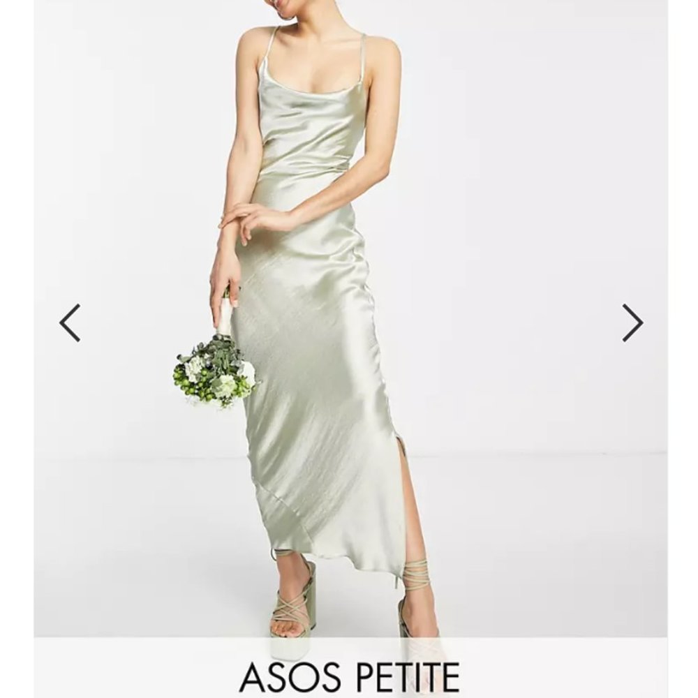 ASOS Petite Bridesmaid cami maxi slip dress in hi-shine satin lace up back sage
